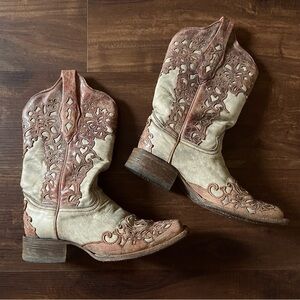 Corral Lace Overlay Leather Square Toe Cowgirl Boots